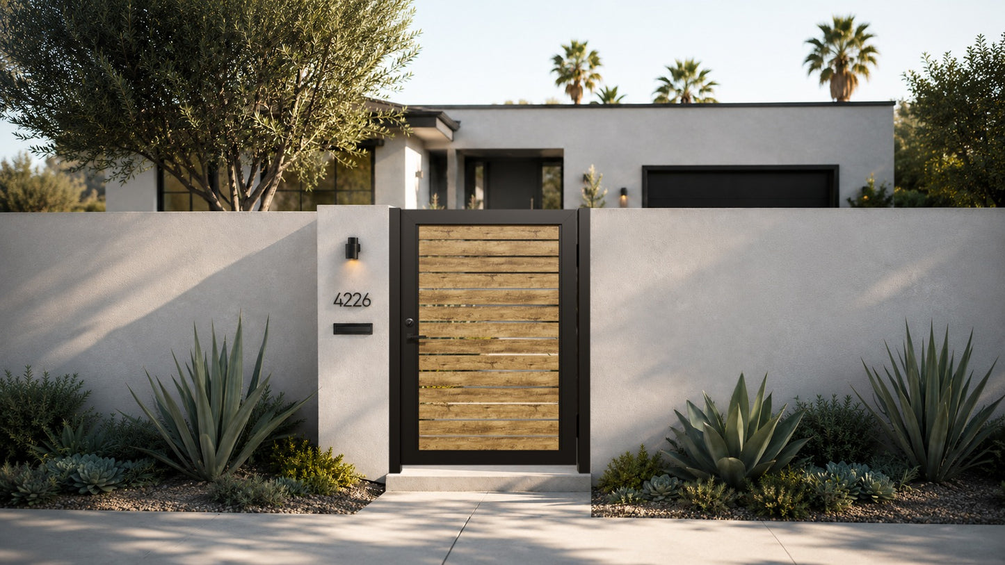 Alu 40 4x6 HD Pedestrian Gate 3D Single Swing SKP Wood like Ipe (Horizontal)