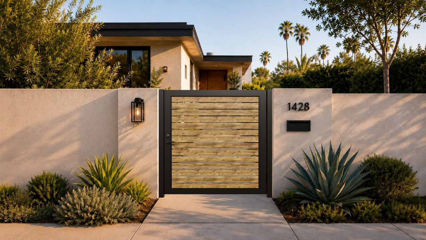 Alu 40 6x6 HD Pedestrian Gate 3D Single Swing SKP Wood like Ipe (Horizontal)