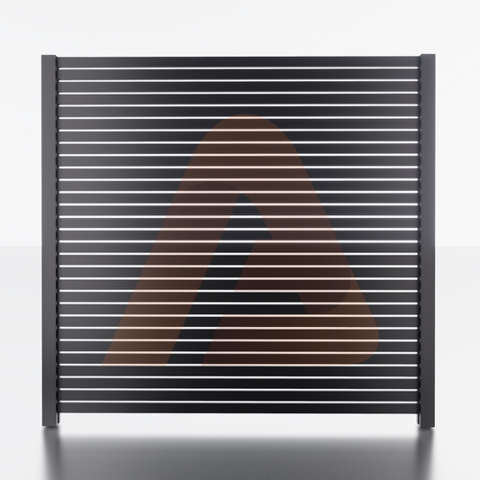 Alu Fence Logo Alu 20 Fence Black | Aluminum Fence Kit Alu20 SLAT 6' x 6' Horizontal Black 1/2 GAP | Aluglobusfence.com